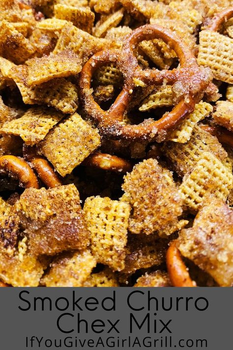 churro chex mix with pretzels Chex Mix Recipes Sweet, Sweet Chex Mix, Bbq Snacks, Baked Cabbage, Trail Mix Recipes, Chex Mix Recipes, Pellet Grill Recipes, Traeger Recipes, Snack Mix Recipes