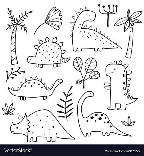 Cute dinosaurs and tropic plants Royalty Free Vector Image Cute Dinosaurs, Arte Doodle, Dinosaur Illustration, Animal Doodles, Plant Vector, Pola Sulam, Hand Drawn Vector, Bullet Journal Doodles, Cute Dinosaur