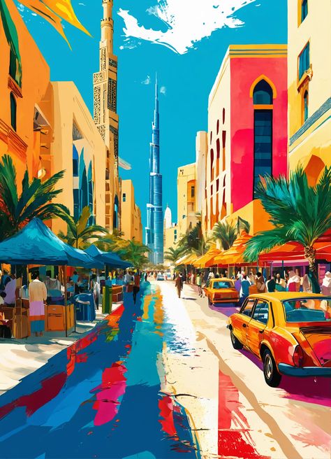 Explore the detailed and realistic illustration of Dubai, featuring vivid colors and beautiful Matisse-style art 🌆☀️ Perfect for art lovers and city enthusiasts! Dubai Painting Art, Dubai Illustration Art, Dubai Illustration, Scape Painting, Canvas Without Frame, City Scape Painting, Cityscape Illustration, Realistic Illustration, Building Illustration