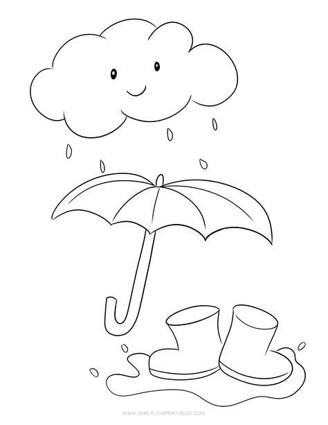 Simply Love Printables Spring Coloring Page Rain Umbrella Boots Rain Boots Coloring Pages, Rainboots Craft Preschool, Rainy Day Coloring Pages, Rain Coloring Pages, Weather Coloring Pages, Umbrella Coloring Page, Season Activity, Love Printables, Free Rain