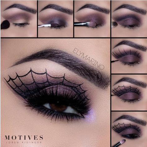 Bat Eye Makeup Tutorial, Witch Makeup Brown Eyes, Easy Halloween Make Up Look, Spiderweb Eye Makeup, Simple Witch Makeup, Pretty Witch Makeup, Makeup Ideas Halloween, Makeup Tutorial Halloween, Halloween Eyeshadow