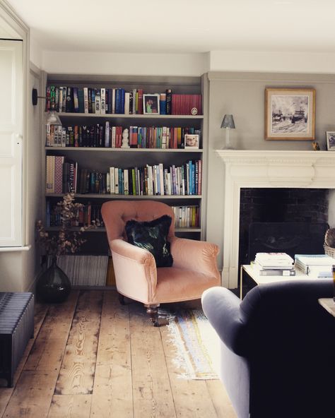 House of Waltham Farrow and ball hardwick white Coral armchair Country house Hardwick White Living Room, Hardwick White Farrow And Ball, Farrow And Ball Hardwick White, Coral Armchair, Hardwick White, White Sitting Room, Cosy Armchair, Edwardian England, Bookshelves In Living Room