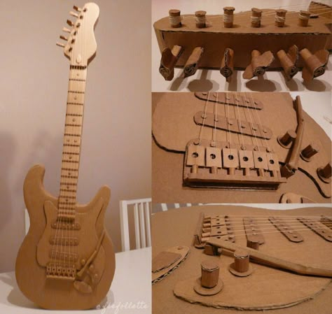 Diy Electric Guitar Cardboard, Cardboard Electric Guitar, Cardboard Props Diy, Cardboard Guitar, Cardboard Art Sculpture, Cardboard Props, Diy Electric Guitar, Diy Cardboard Toys, Creative School Project Ideas