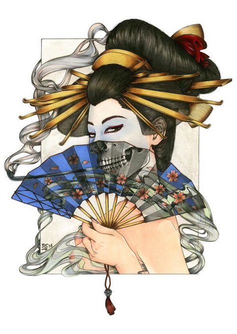 Geisha Girl holding a fan art Geisha Drawing, Japanese Drawing, Art Geisha, Geisha Tattoo Design, Oni Tattoo, Fan Tattoo, Geisha Tattoo, Geisha Art, Art Kawaii