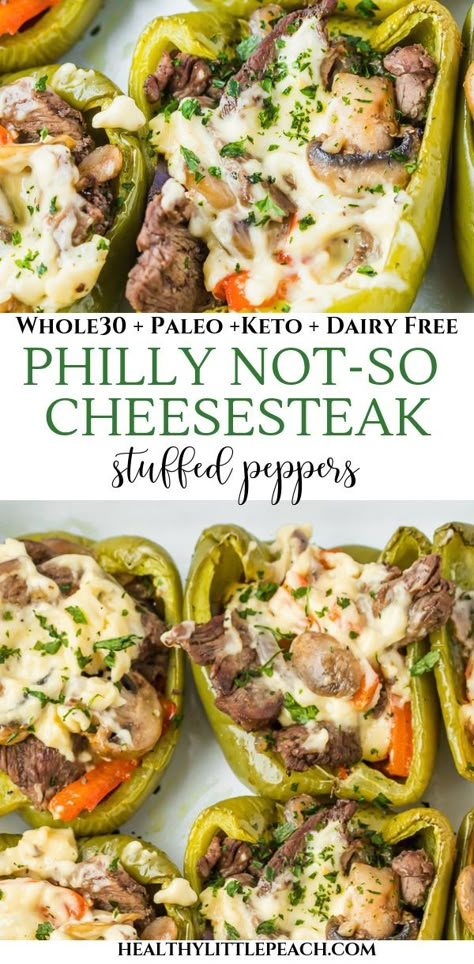 Cheesesteak stuffed peppers Green Peppers Stuffed, Steak Mushrooms, Cheesesteak Stuffed Peppers, Stuffed Peppers Healthy, Cheese Alternative, Wallpaper Food, Diner Recept, Sliced Steak, Green Peppers