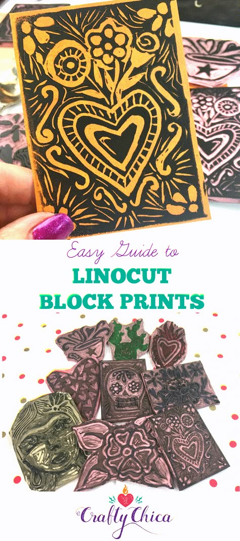 VIDEO: Linocut & Block Printing Tutorial - The Crafty Chica Block Printing For Beginners, Beginner Block Printing, Hispanic Heritage Crafts, Block Printing Diy, Latinx Art, Block Carving, Printmaking Projects, Linoleum Block Printing, Linoleum Print