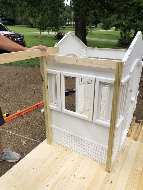 how to makeover a little tikes playhouse {and a handmade fire hydrant} How To Redo A Plastic Playhouse, Inside Plastic Playhouse Ideas, Repurposed Playhouse, Playhouse Makeover Little Tikes, Little Tikes House Makeover, Wood Playhouse Makeover, Diy Playhouse Outdoor, Playhouse Redo, Playhouse Decorating Ideas