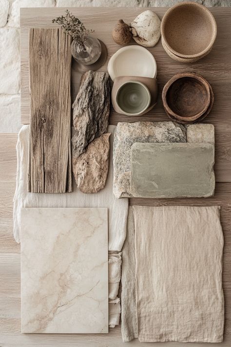 A collection of natural materials including wood, stone, and linen, showcasing earthy colors and textures. Perfect for minimalist decor and modern interior design. Modern Organic Moodboard, Natural Wood Aesthetic, Mood Board Collage, Mood Board Bedroom, Japandi Modern, Mood Board Interior Design, Board House, Interior Mood Board, Warm Minimalism