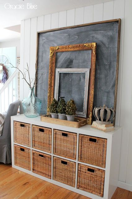 Farmhouse Cottage Entryway Decorating Ideas: Shiplap wall, over sized chalkboard art, vintage frames., white console with wicker storage bin baskets. #entryway #entrywayideas #cottagestyle #farmhousestyle #vintagedecor #decoratingideas #homedecoratingideas #farmhousedecor Love And Obsession, Farmhouse Accessories, French Country Ideas, School Office Decor, Blue Farmhouse, Vintage Chalkboard, Chalkboard Decor, Home On A Budget, Basket Decor