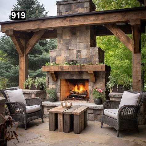 Outdoor Reclaimed Wood Beam Fireplace Mantels 919 - Etsy Stamped Concrete Patio With Fireplace, Rustic Outdoor Living Space, Outdoor Fireplace With Pergola, Outdoor Fireplace Ideas Backyards, Pergola With Fireplace, Backyard Fireplace Patio, Outdoor Mantle, Backyard Fireplace Ideas, Stone Outdoor Fireplace