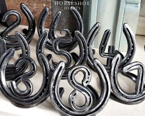 Horseshoe Table Numbers, Horseshoe Wedding Decorations, Horseshoe Table, Horseshoe Wedding, Wedding Decor Table, Table Centerpieces For Home, Horseshoe Projects, Wedding Horseshoes, Horseshoe Crafts