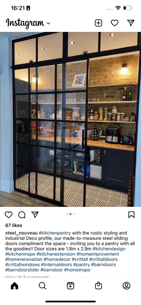 Crittal Door Pantry, Crittal Doors Pantry, Walk In Pantry With Glass Doors, Crittal Doors Larder, Kitchen Glass Door, Wine Library, Crittal Doors, Barn Door Sliders, Doors Music