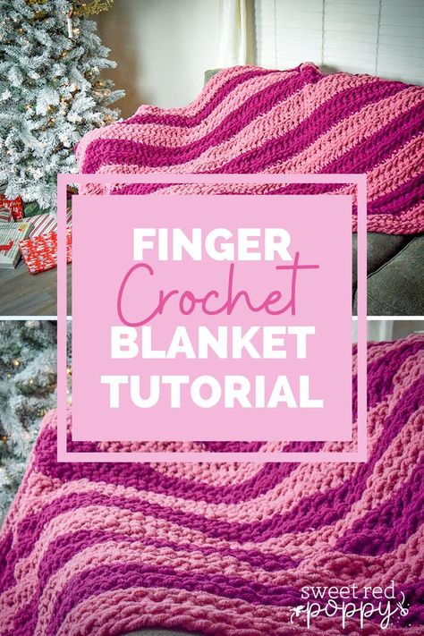 Photo of a pink crochet blanket Finger Crochet Blanket, Finger Looping, Poppy Crafts, Finger Knitting Blankets, Chunky Yarn Crochet Pattern, Sew Blankets, Crochet Baby Blanket Tutorial, Sweet Red Poppy, Knitting Blankets