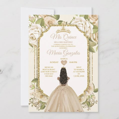 Quinceañera Champagne & White Gold Crown Invitation Mis Quince 15 Anos, 16th Birthday. Gold Quinceanera Theme, Pink Quince Theme, Quince Decorations Ideas, Purple Quinceanera Theme, Green Quinceanera Theme, Sweet 15 Invitations, Champagne Quinceanera Dresses, Rose Gold Quince, Rose Gold Quinceanera