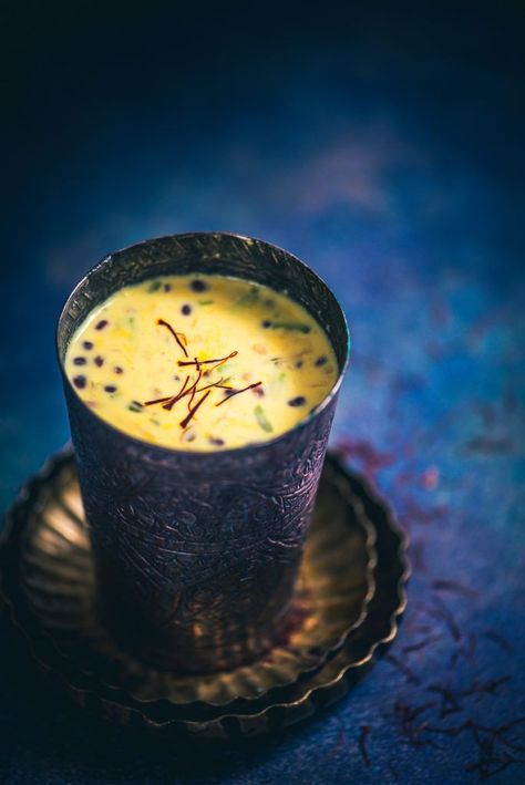 Zaffrani Mewa Doodh as the name mentions, is a warm, thickened milk based drink which is infused with the flavours of saffron, enriched with dry fruits. #Drink #Beverage #Indian Saffron Milk, Indian Drinks, Golden Milk, Dry Fruits, Indian Desserts, Indian Sweets, Chocolate Drinks, Drinks Alcohol Recipes, Milk Recipes