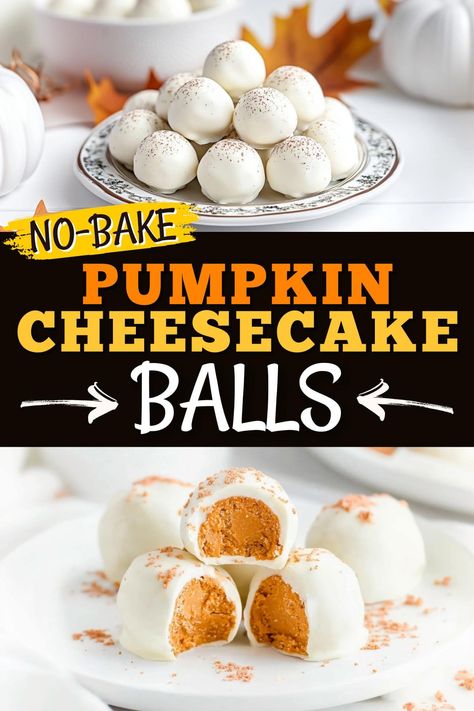 No-Bake Pumpkin Cheesecake Balls - Insanely Good Pumpkin Balls Cream Cheese, Easy Thanksgiving Deserts, No Bake Pumpkin Cheesecake Balls, No Bake Pumpkin Desserts, Pumpkin Spice Cheesecake Bites, Thanksgiving Baked Goods, No Bake Appetizers, Pumpkin Cake Balls, Pumpkin Cheesecake Balls