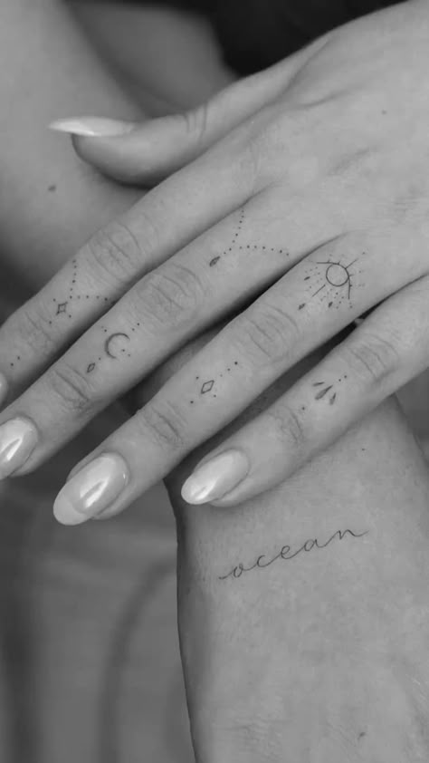 Dot Tattoos On Fingers Meaning, Small Fine Line Hand Tattoo, Half Sun Finger Tattoo, Celestial Finger Tattoos For Women, Crescent Moon Finger Tattoo, Finger Tattoo Moon, Pinkie Tattoo, Witchy Finger Tattoos, Pine Tattoo