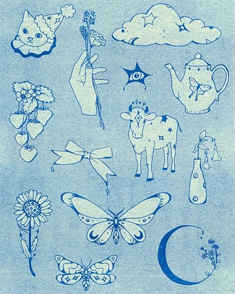 8in by 10 in riso print in blue of a tattoo flash sheet by lemon.droop depicting a jester cat, starry cow, butterflies, a moon and more Bert Krak Flash, Flash Sheet Tattoo Ideas, The Fool Tattoo, Starry Tattoo, Fool Tattoo, Cat Flash Tattoo, Tattoo Flash Ideas, Vintage Flash Tattoo, Butterfly Flash