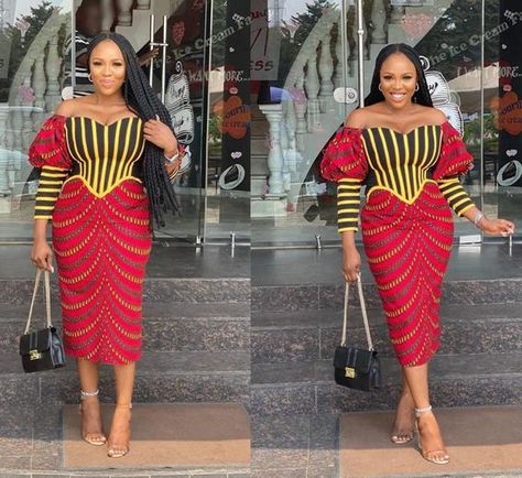 Off-shoulder African print midi dress with puff sleeves.  **Please note: There is a whole range of African prints being produced throughout the year, most of these are seasonal, therefore they are only available in the market for a certain period of time. Whilst some are timeless, available Isiagu Styles For Ladies, Isiagu Styles, Ankara Long Gown Styles, Kente Dress, Dress Ankara, Ankara Dress Styles, Ankara Gowns, African Dresses For Kids, African Print Clothing