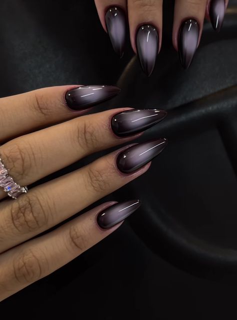 Goth French Nails, Black And Purple Aura Nails, Gothic Almond Nails, Aura Nails Purple, Purple Goth Nails, Fall Aura Nails, Black Aura Nails, Purple Aura Nails, Purple Cat Eye Nails