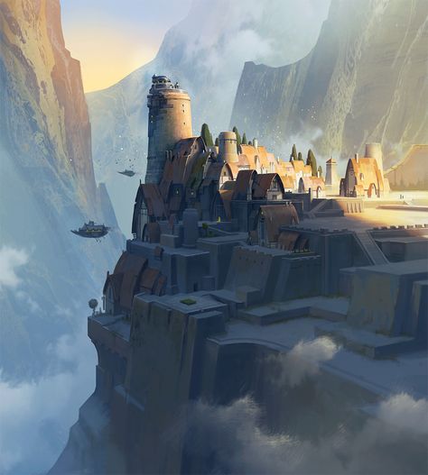 ArtStation - cliff town, Ast Ralf Explorer Illustration, Pixiv Fantasia, Fantasy Town, Landscape Concept, Fantasy City, Fantasy Castle, Fantasy Setting, Fantasy Places, Fantasy Art Landscapes