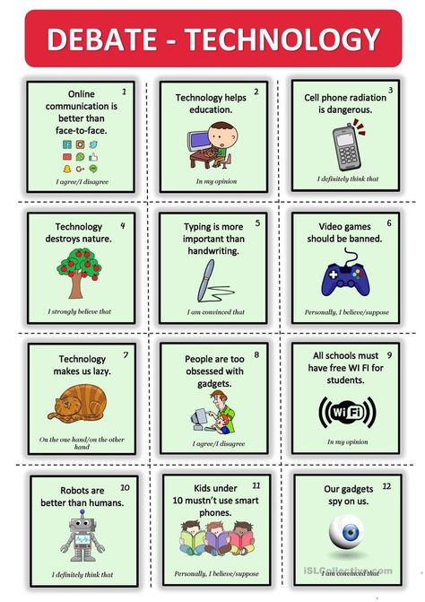 Speaking Cards For Adults, Esl Speaking Activities For Adults, Technology Worksheets For Kids, Technology Worksheets, Technology Activities, Speaking Activities English, Speaking Cards, Debate Topics, Speaking Tips