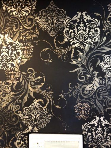 Gothic Wall Painting Ideas, Gothic Accent Wall, Damask Stencil Patterns, Faux Finishes For Walls, Metallic Paint Colors, Damask Wall Stencils, 2024 Beach, Faux Wall, Black Feature Wall