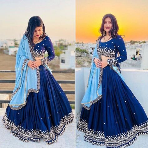 Chaniya Choli Design For Wedding, Blue Color Chaniya Choli, Navy Blue Colour Lehenga, Blue Colour Lengha, Blue Shade Lehenga, Trending Indian Outfits For Wedding 2023, Dark Blue Chaniya Choli, Dark Blue Lehenga Combination, Blue Chaniya Choli Color Combos