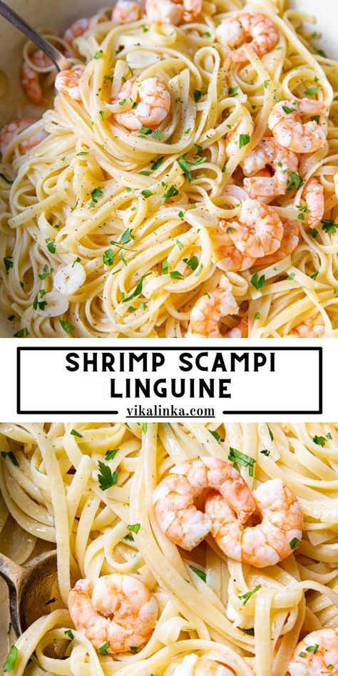 Indulge in this Shrimp Scampi Linguine for a special occasion dinner. Shrimp cooked in garlic butter sauce with a splash of white wine, then tossed with linguine. Whether it’s a dinner for TWO or a crowd, this simple shrimp scampi recipe is quick, easy and light on the ingredients, that is guaranteed to impress. Scampi Sauce Recipe Easy, Linguine Recipes Easy, Simple Shrimp Scampi, Shrimp Linguine Recipe, Vikalinka Recipes, Shrimp Scampi Pasta Recipes, Shrimp Scampi Linguine, Garlic Shrimp Scampi, Shrimp Pasta Recipes Easy