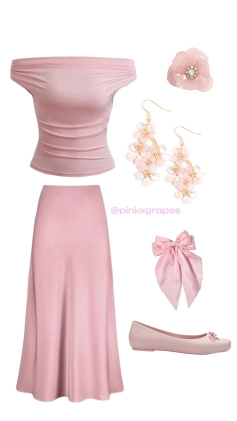 This image shows a spring outfit in shades of pink. It includes an off-the-shoulder top, a flowing midi skirt, delicate floral earrings, a dainty hair clip, and a pair of pink ballet flats. Pink Hyper Feminine Outfits, Pink Tea Party Outfits For Women, Dark Pink Dress Outfit, Spring Tea Party Outfit, Girly Pop Outfit, Pink Classy Aesthetic, Pink Business Casual Outfits, Pink Church Dress, A Line Dress Outfit