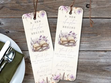 Book Themed Bridal Shower Favors, Next Chapter Bridal Shower Theme, Book Bridal Shower Ideas, Fairytale Bridal Shower Ideas, Book Theme Wedding, Fairytale Bridal Shower, Bookmark Favors, Storybook Theme, Purple Books