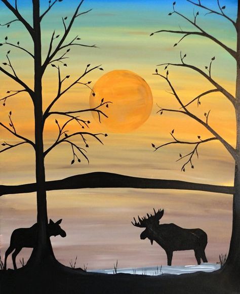 Easy Wall Art, Moose Painting, Moose Pictures, Bull Moose, Wall Art Acrylic, Abstract Circle, Silhouette Painting, Christmas Painting, New Painting