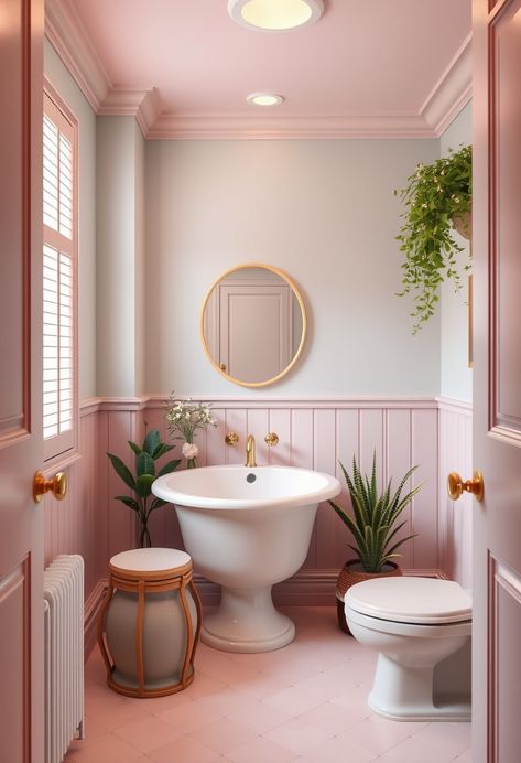 Transform your bathroom into a calming oasis with soft pastel paint colors. Perfect for a peaceful, spa-like vibe! #BathroomColors #PastelDecor #BathroomInspo Colors To Paint Bathroom, Bright Pink Bathroom, Soft Pink Bathroom, Dusty Pink Bathroom, Pastel Bathroom Ideas, Pink And Green Bathroom, Maroon Bathroom, Green And Pink Bathroom, Popular Bathroom Colors