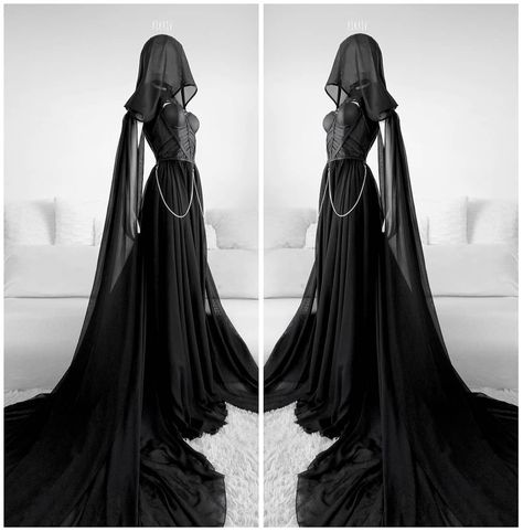 3,803 Likes, 16 Comments - ASKASU (@askasublue) on Instagram: “#askasu #fashiondesigner #goth #balck #alternativeclothing #darkness #hood” Long Black Dress With Hood, Gothic Gala Dress, Extravagant Dresses, Hooded Gown, Moda Steampunk, Pattern Aesthetic, Gothic Dresses, Fantasy Dresses, Fantasy Gowns