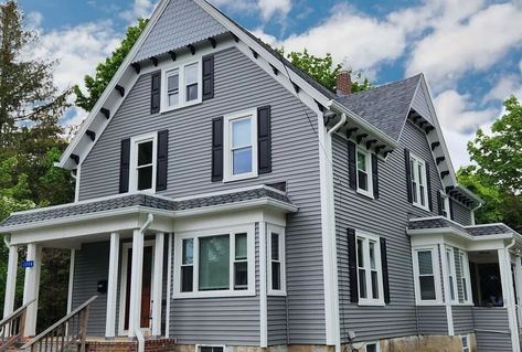 Mastic Vinyl Siding in Granite Gray, Swansea, MA | Contractor Cape Cod, MA & RI Granite Gray Siding Certainteed, Sterling Gray Vinyl Siding, Certainteed Sea Grass Vinyl Siding, Sterling Grey Vinyl Siding, Alside Vinyl Siding Cape Cod Gray, Mastic Vinyl Siding, Azek Decking, Pella Windows, Roofing Options