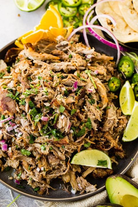 We have the World's Best Carolina Pulled Pork but it was high time we made the BEST Pork Carnitas Recipe and this is it. A hint of citrus, juicy meat with those classic crispy bits! Give me all the carnitas! #carnitas #pork #tacos #mexicanfood #dinner #dinnerrecipe #brine Carnitas Crockpot, Mexican Thanksgiving, Carnitas Pork, Carolina Pulled Pork, Pork Carnitas Recipe, Best Pork Recipe, Pork Main Dishes, Carnitas Recipe, Steak Tacos