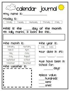 calendar math at circle | calendar_journal pdf - circle day of the week and month. fill in tally ... Morning Calendar, Kindergarten Calendar, Calendar Skills, Math Meeting, Calendar Worksheets, Planning School, Calendar Activities, Calendar Math, Math Journal