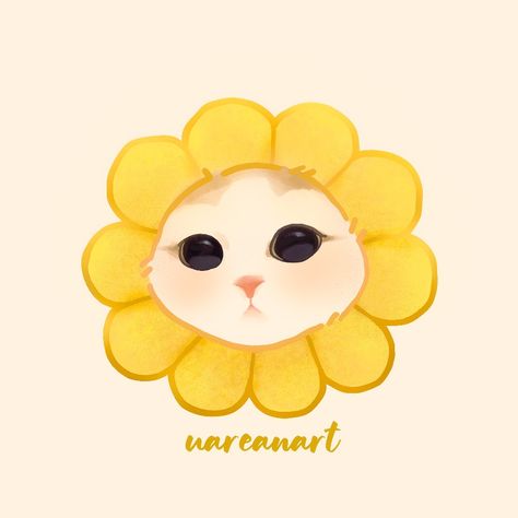 White cat wearing a Sunflower hat Flower Cat Drawing, Cat Holding Flowers Drawing, Yellow Cat Drawing, Frederic Chen, Cat Illust, Sunflower Cartoon, Hat Illustration, Sunflower Hat, Creative Birthday Cards