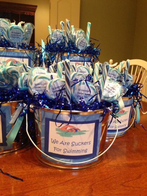 Team Goodie Bag Ideas, Sports Banquet Centerpieces, Swim Team Party, Swim Banquet, Swim Coach Gifts, Goodie Bag Ideas, Swim Team Gifts, Banquet Centerpieces, Reception Halls