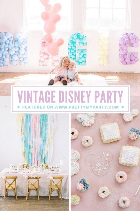 Disney World Theme Birthday Party For Girl, Disney World Birthday Party Ideas, Vintage Disney World Party, Disney 1st Birthday Party, Disney World Party Ideas, Classic Disney Birthday Party, Vintage Disney Theme Party, Disney Pastel Party, Disney Birthday Party Girl