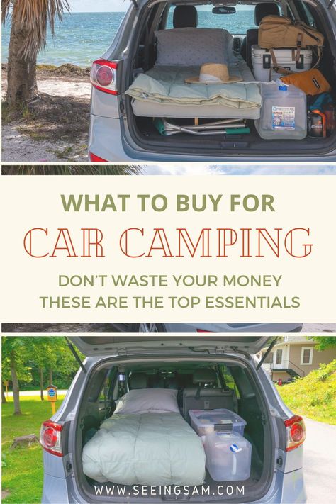 Not sure what to spend your money on for your first car camping trip? Buy these 10 essentials. The must have items that you need for a successful car camping road trip. Car Camping Hacks Storage, Car Camping Essentials For Women, Car Camping Essentials List, Car Camping Necessities, How To Live In Your Car, Car Camping Accessories, Car Camping Must Haves, Living In Car Hacks, Suv Camping Hacks