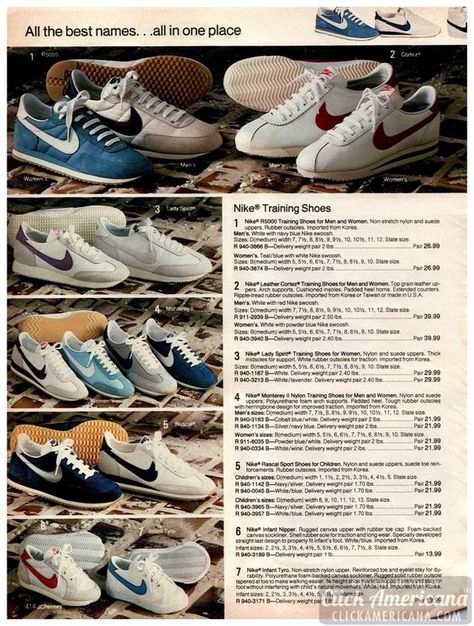 Nike men's training shoes in the 1983 J.C. Penney catalog. They included the classic Nike Cortez at upper right which had become a major American style fad among both men/boys and girls/women by 1979-80 and was at the top of Nike's running shoe price scale. When this catalog was printed, Nike was still about a year away from releasing the Air Jordan, and five years from introducing their now-iconic "Just Do It" advertising slogan. 80s Shoes Men, 90s Shoes Men, 80s Shoes 1980s Style, Shoes From The 80s, Nike Cortez Outfit, Round Shoes, Vintage Shoes Men, 1980s Shoes, Nike Mid