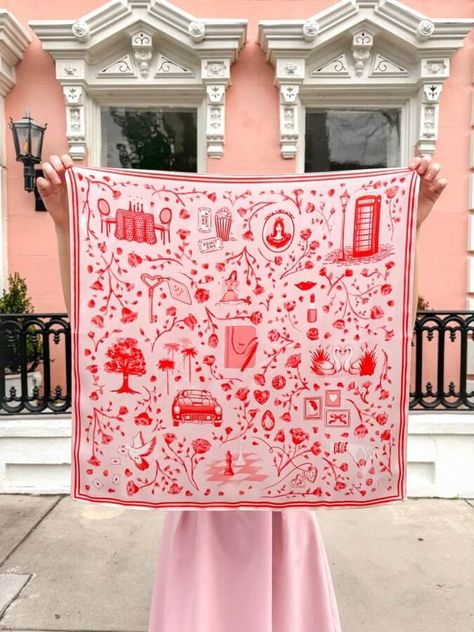 From season-bridging accessories to delicious ways to say "I love you," we’re falling hard for these 19 fresh FINDS from Southern shops and makers. Silk Scarves Design, Romantic Graphic Design, Scarf Design Ideas, Tie Silk Scarf, Scarf Illustration, Scarf Styling, Scarf Art, Scarf Designs, Silk Scarf Design