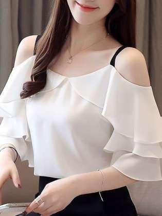 White Chiffon Blouse, Chiffon Shirt Blouse, White Short Sleeve Blouse, Women Blouses Fashion, Women White Blouse, Fashion Tops Blouse, Trendy Fashion Tops, White Chiffon, Off Shoulder Top