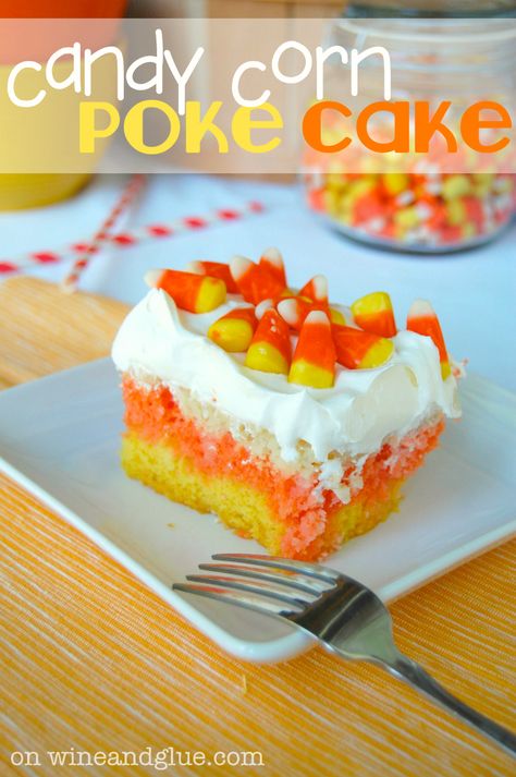 Candy Corn Poke Cake!  The perfect Halloween dessert that is super easy to make but has a big wow factor!! via www.wineandglue.com Candy Corn Desserts, Candy Corn Recipe, Candy Corn Cake, Corn Cake, Halloween Dessert, Poke Cake Recipes, Poke Cakes, Poke Cake, Halloween Desserts