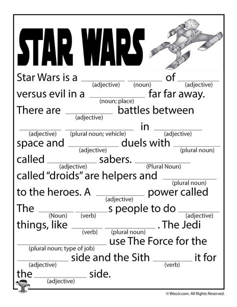 Star Wars Fill in the Blank Mad Libs | Woo! Jr. Kids Activities Free Printable Star Wars, Star Wars Party Games, Star Wars Activities, Yoda Party, Star Wars Classroom, Jedi Training, Monthly Activities, Nouns And Adjectives, Printable Star