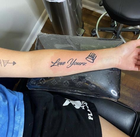 Love Yourz J Cole Tattoo Men, Love Yourz J Cole Tattoo Forearm, J Cole Inspired Tattoo, Arm Tattoos Ideas, Love Yourz J Cole Tattoo, Love Yourz J Cole, J Cole Tattoo, Lower Back Tattoo, Butterfly Hand Tattoo