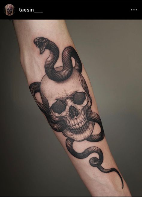 Snake And Dagger Tattoo, Voll Arm-tattoos, Snake Tattoo Meaning, Skull And Snake, Snake Tattoo Design, Geniale Tattoos, Skull Tattoo Design, Small Tattoos For Guys, Badass Tattoos