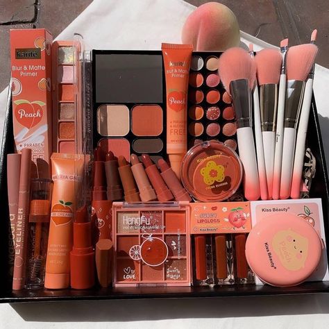 GARLSTUFF on Instagram: “💰 1set ~ RM150 📮 Postage sm RM10 / ss RM17  Super Peach Makeup Set 102 ✨ 🍑 Peach Primer 🍑 Palette Eyeshadow Anylady 🍑 Tanako Lipstick 6pcs…” Makeup Set Aesthetic, Orange Skincare, Peach Eye Makeup, 2024 Manifesting, Aesthetic Cosmetics, Koleksi Makeup, Bts Makeup, Peach Girl, Makeup Materials