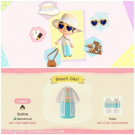 Animal Crossing Design Codes Clothes Summer, Acnh Summer Clothes, Acnh Beach Clothes, Acnh Beach, Acnh Fashion, Beach Day Outfit, Acnh Clothes, Ac New Leaf, Animals Crossing